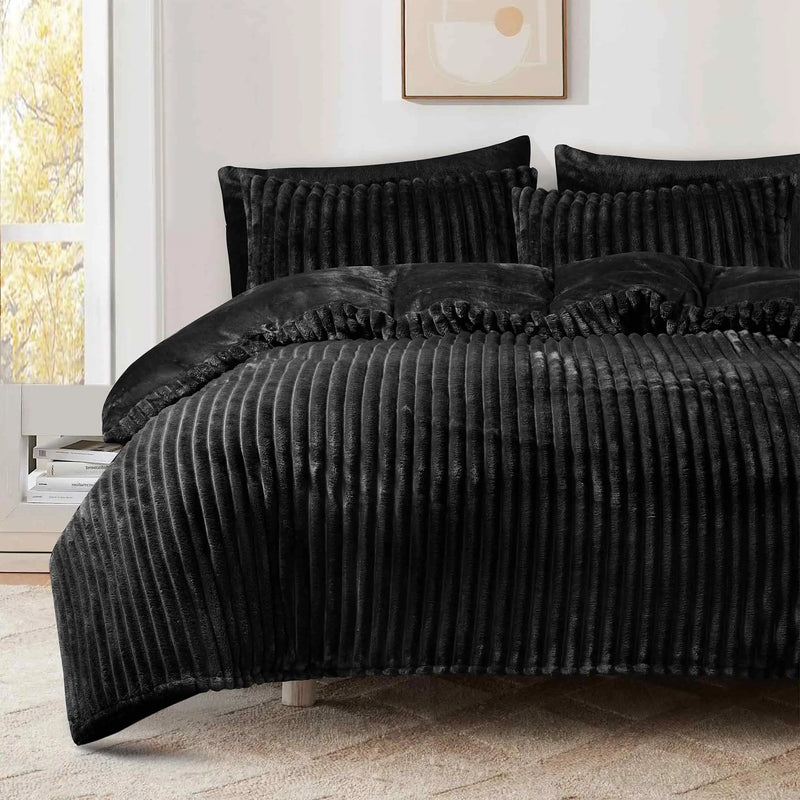 Jacquard Stripe Flannel Fleece 6pc Razaye Set-Jet Black