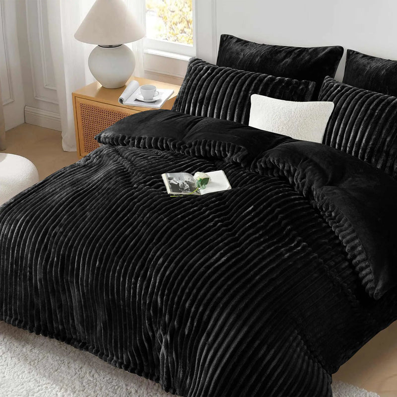 Jacquard Stripe Flannel Fleece 6pc Razaye Set-Jet Black