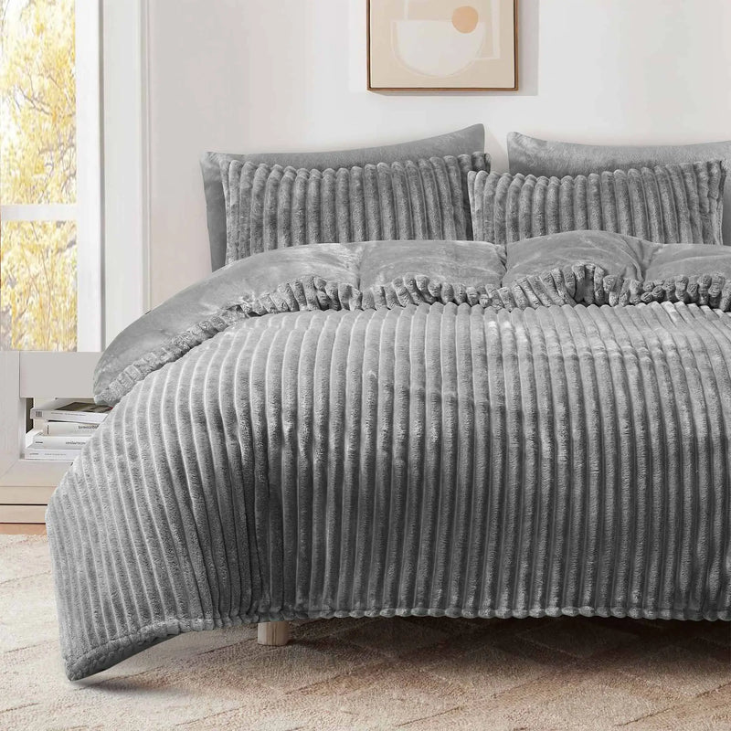 Jacquard Stripe Flannel Fleece 6pc Razaye Set-Grey