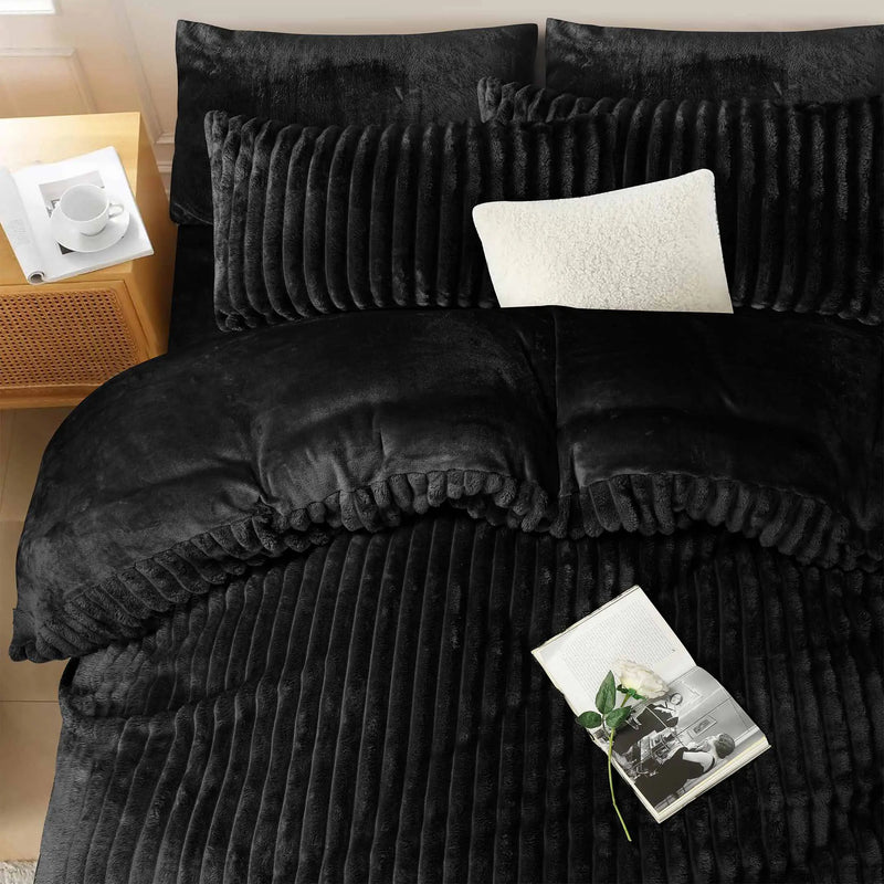 Jacquard Stripe Flannel Fleece 6pc Razaye Set-Jet Black