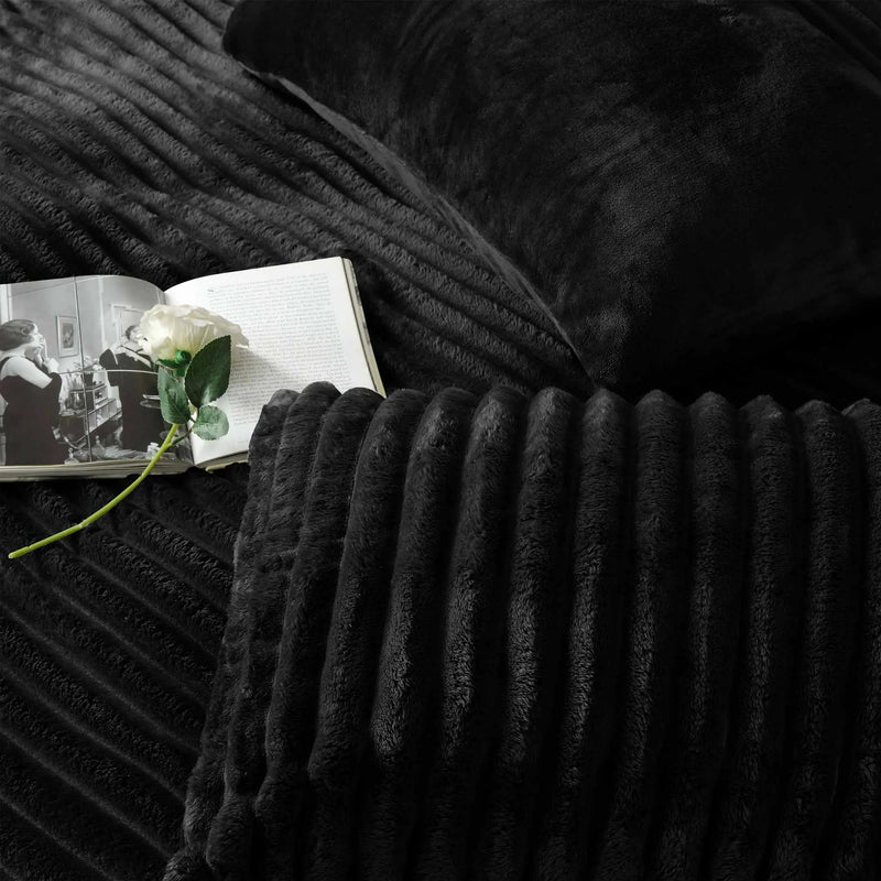 Jacquard Stripe Flannel Fleece 6pc Razaye Set-Jet Black
