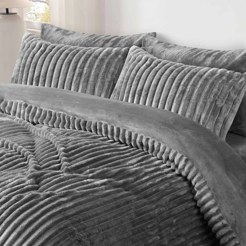 Jacquard Stripe Flannel Fleece 6pc Razaye Set-Grey