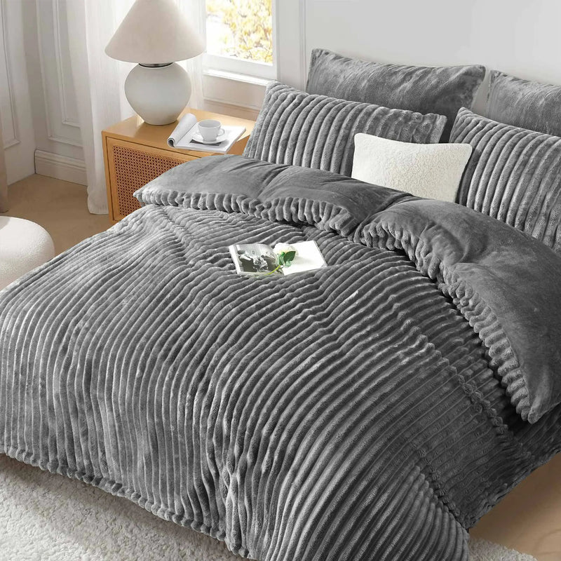 Jacquard Stripe Flannel Fleece 6pc Razaye Set-Grey