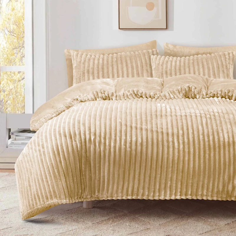 Jacquard Stripe Flannel Fleece 6pc Razaye Set-Sand