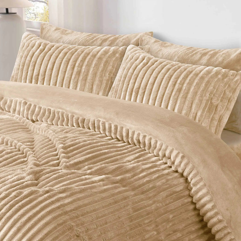 Jacquard Stripe Flannel Fleece 6pc Razaye Set-Sand