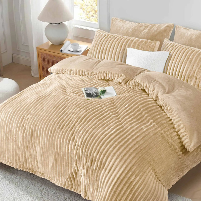 Jacquard Stripe Flannel Fleece 6pc Razaye Set-Sand