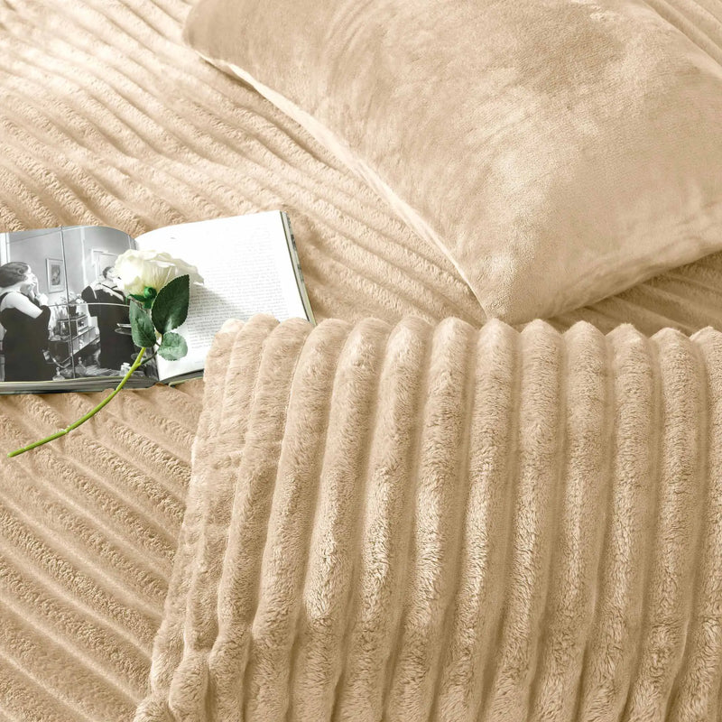 Jacquard Stripe Flannel Fleece 6pc Razaye Set-Sand