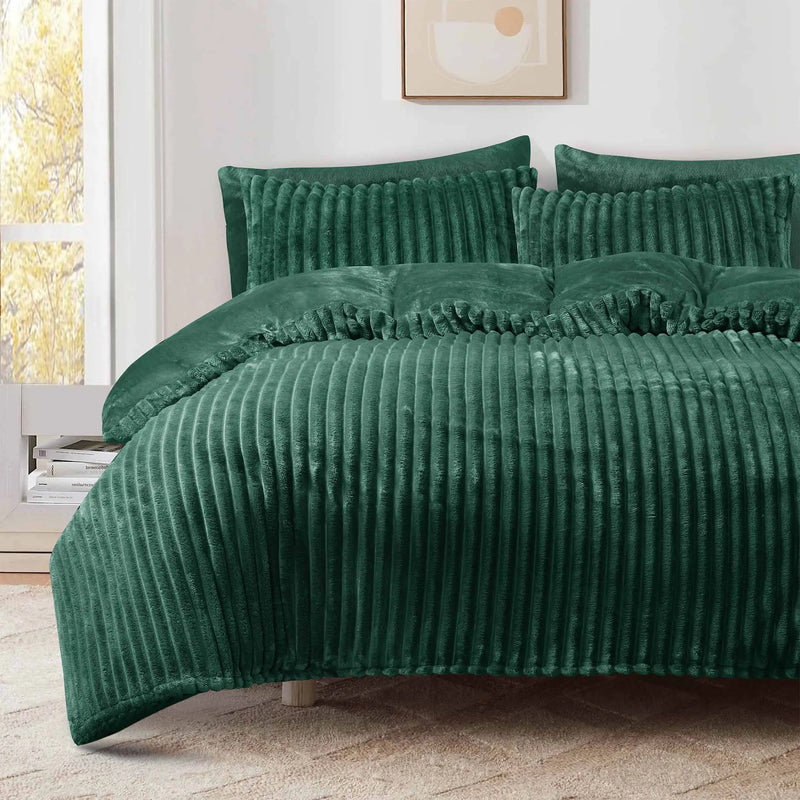 Jacquard Stripe Flannel Fleece 6pc Razaye Set-Bottle Green