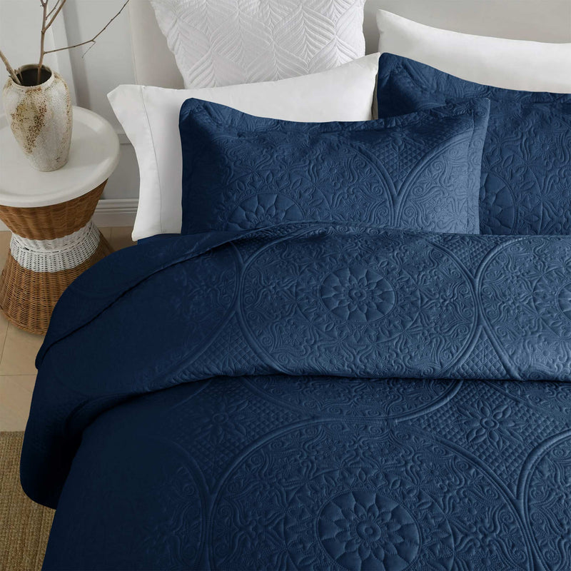 Spring Ultrasonic Quilted Bedspread Set - Navy Blue