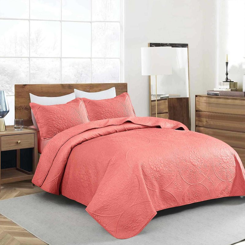 Spring Ultrasonic Quilted Bedspread Set - Carrot Pink