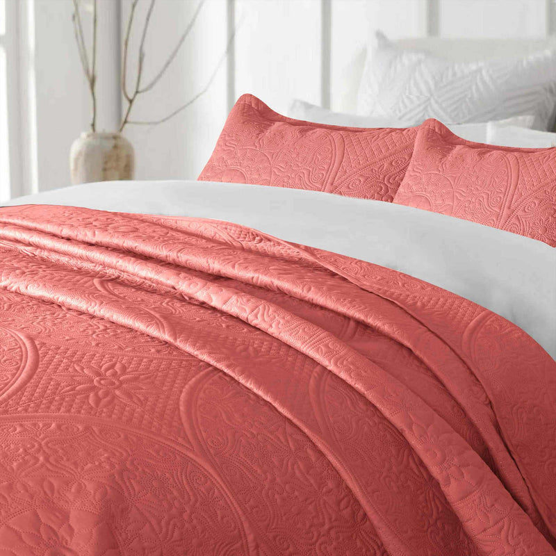 Spring Ultrasonic Quilted Bedspread Set - Carrot Pink