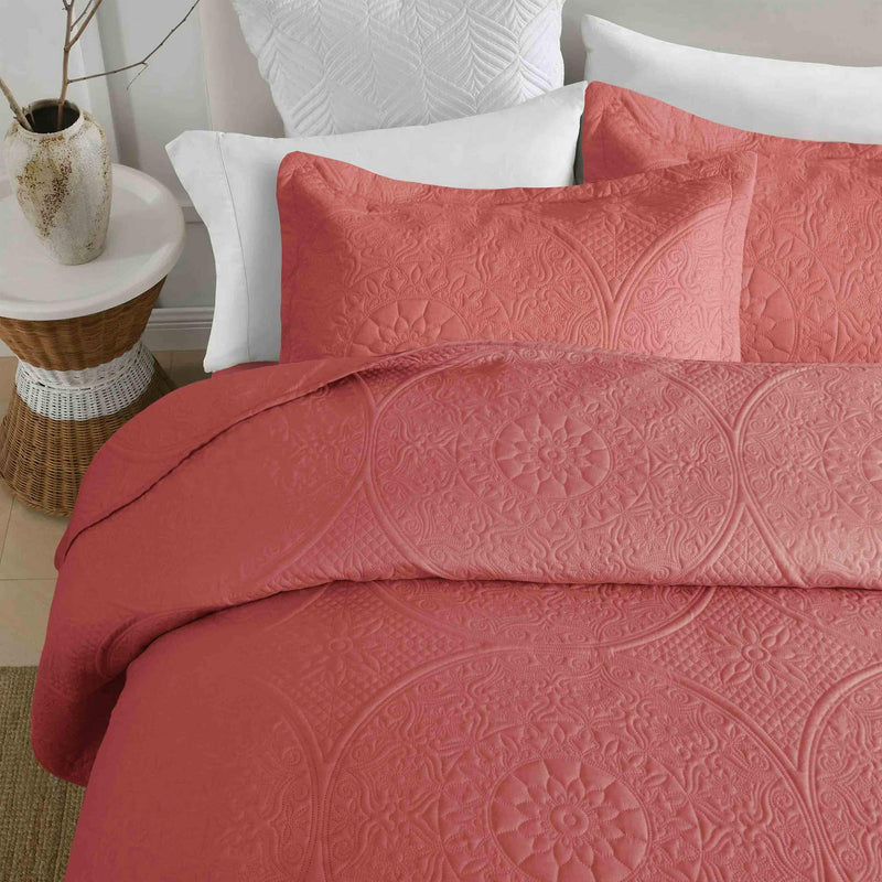 Spring Ultrasonic Quilted Bedspread Set - Carrot Pink