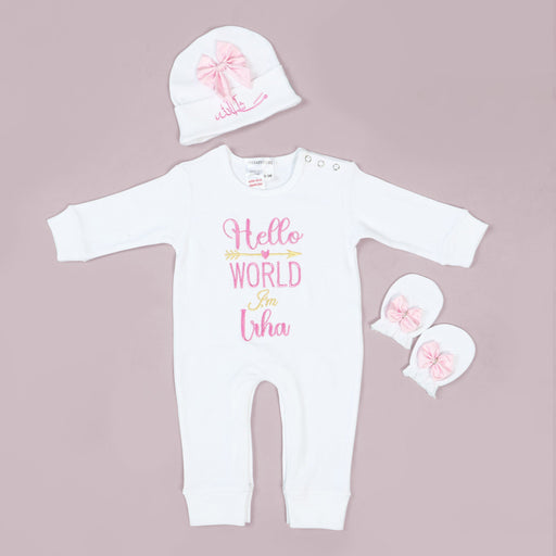 pink bows embroidered customized baby romper set