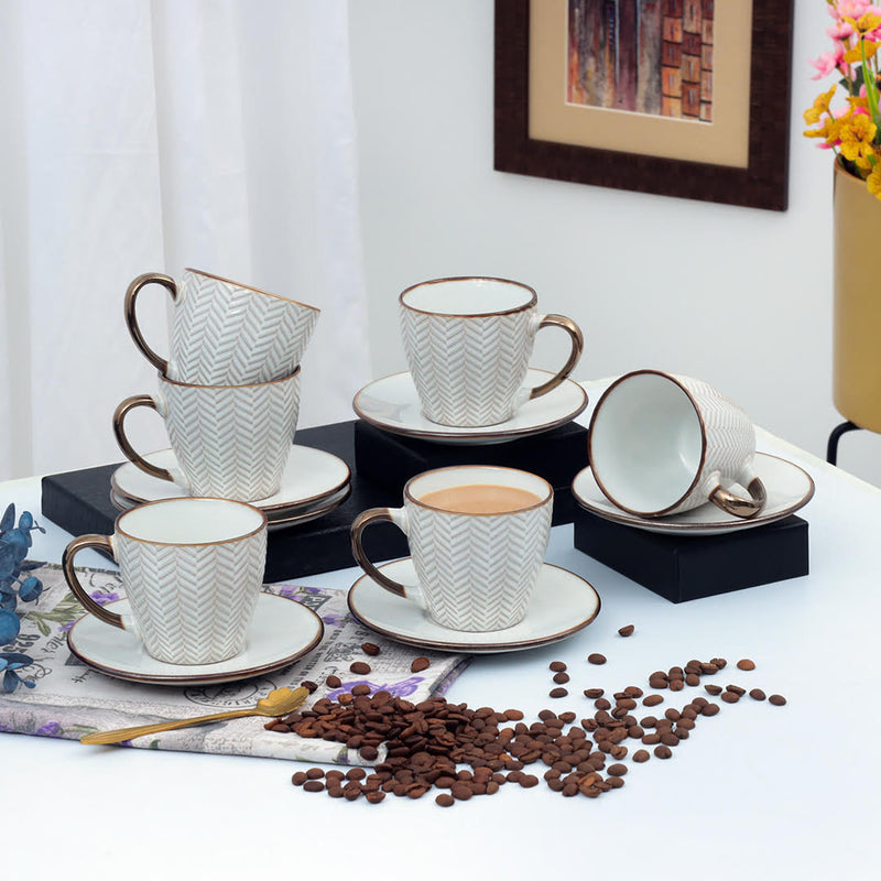 Scallop Gold Rim Chevron Ceramic Cup Set 12 Pcs