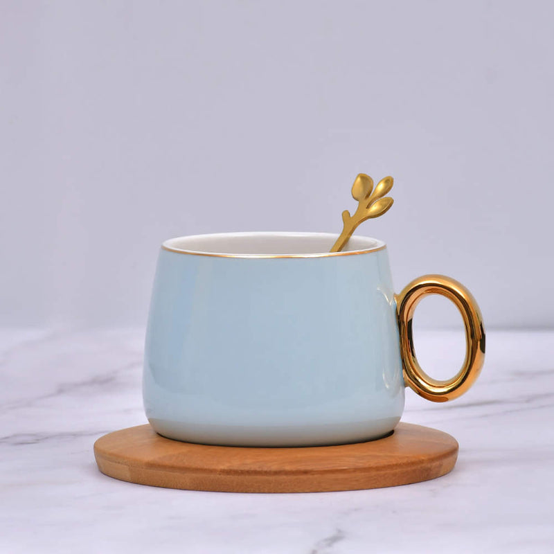 Vintage Pastel Cup With Wooden Saucer & Gold Plated Spoon