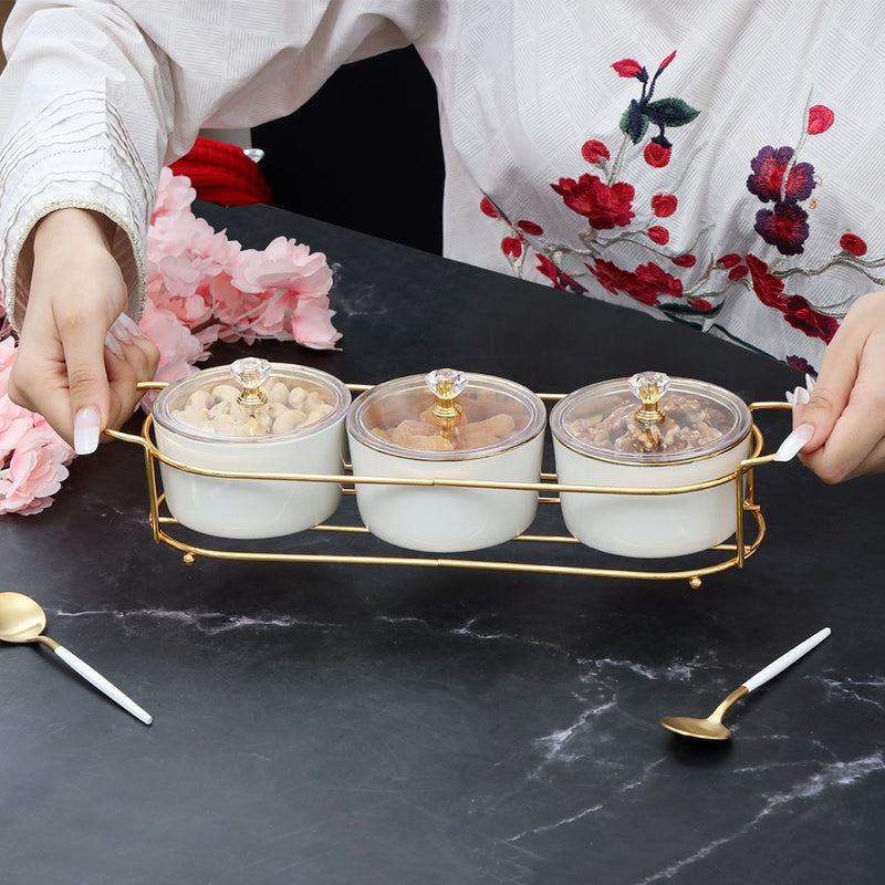 3 Dip Round Ceramic Compartment Set With Lid