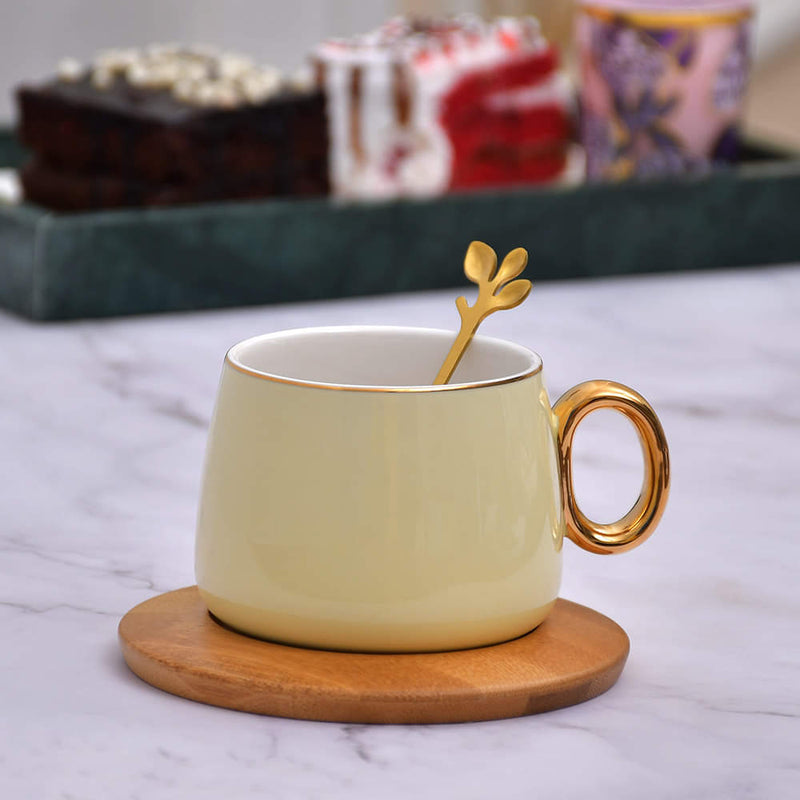Vintage Pastel Cup With Wooden Saucer & Gold Plated Spoon