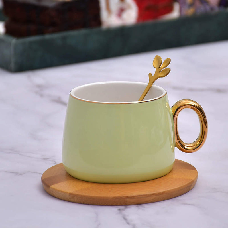 Vintage Pastel Cup With Wooden Saucer & Gold Plated Spoon