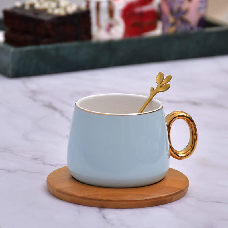 Vintage Pastel Cup With Wooden Saucer & Gold Plated Spoon
