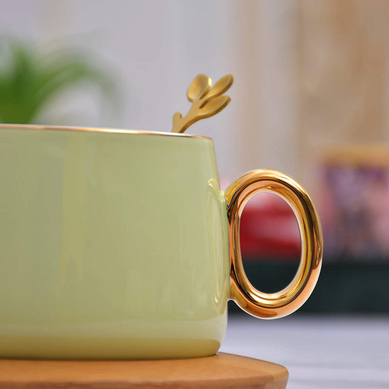 Vintage Pastel Cup With Wooden Saucer & Gold Plated Spoon