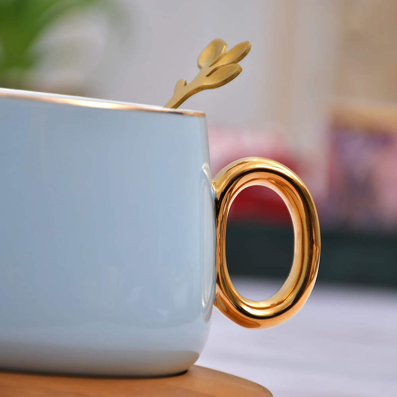 Vintage Pastel Cup With Wooden Saucer & Gold Plated Spoon