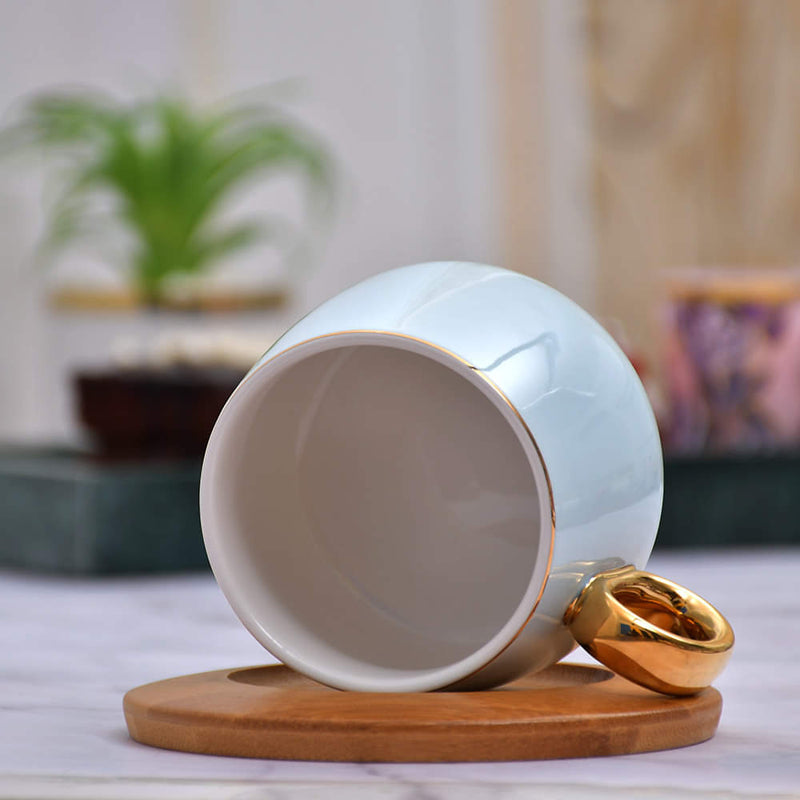 Vintage Pastel Cup With Wooden Saucer & Gold Plated Spoon