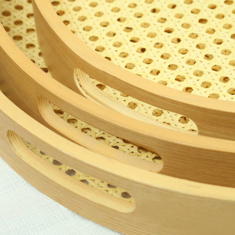 Antique Wooden Rattan Pattern Round Serving Tray Set