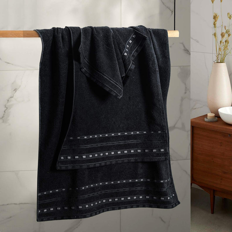 Black Embroidered Towel (Set Of 3)
