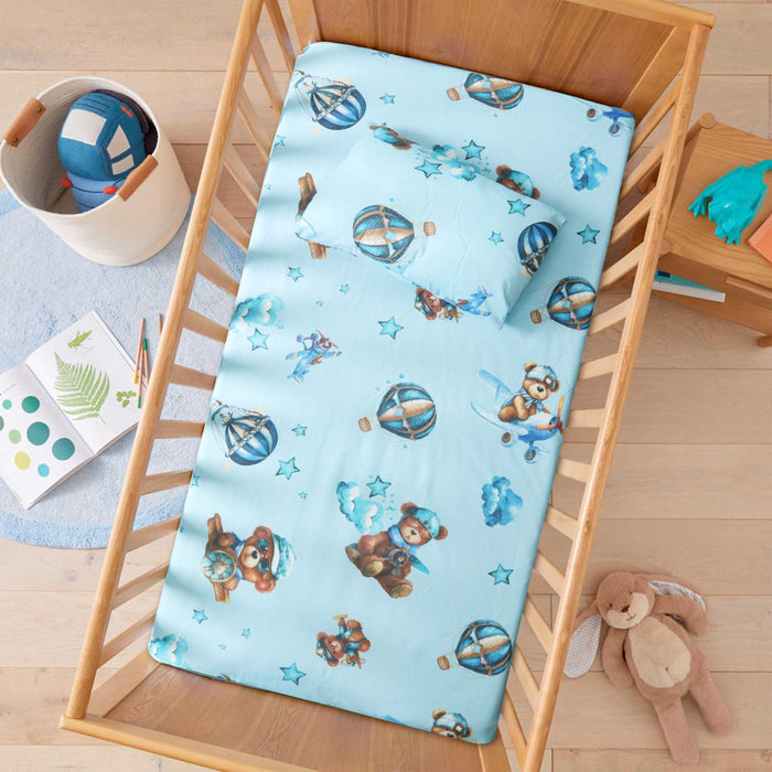 Blue Teddy Sky Adventure Crib Bedsheet & Pillow