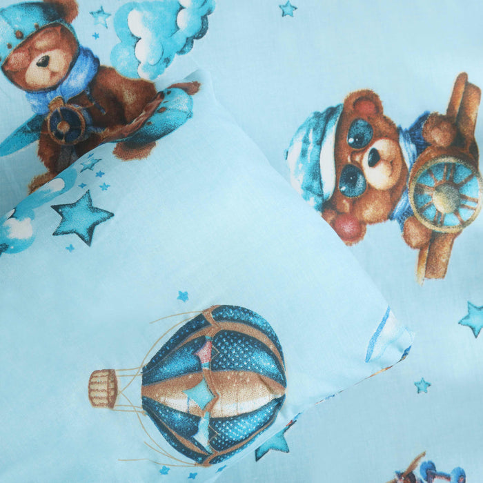 Blue Teddy Sky Adventure Crib Bedsheet & Pillow