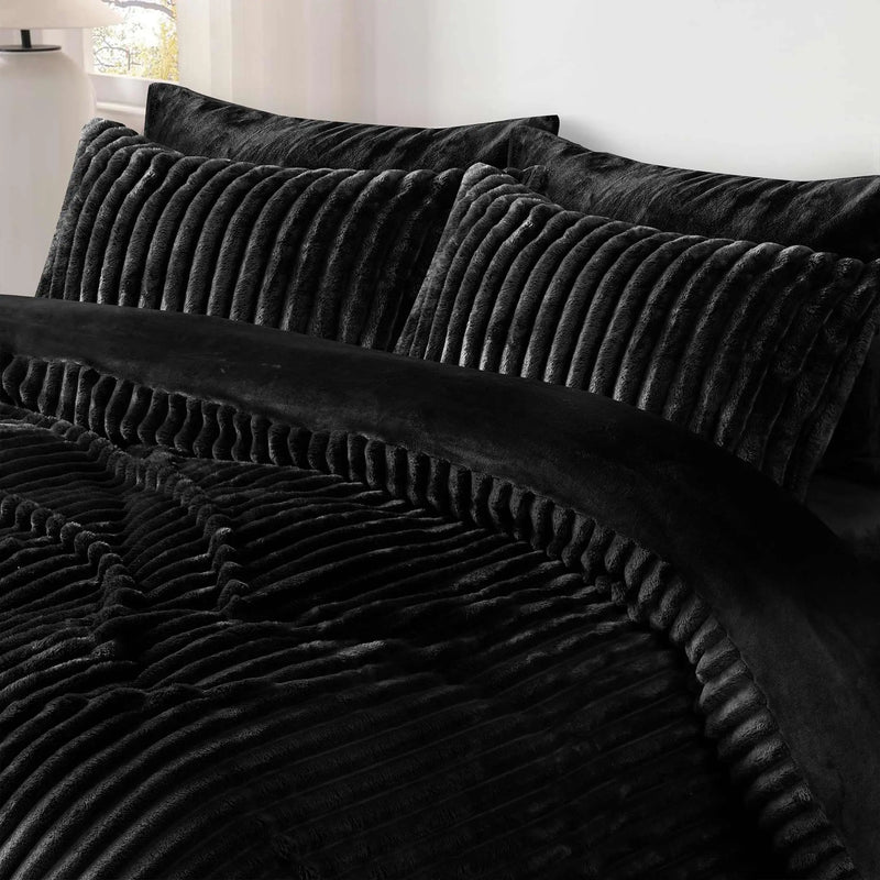Jacquard Stripe Flannel Fleece 6pc Razaye Set-Jet Black