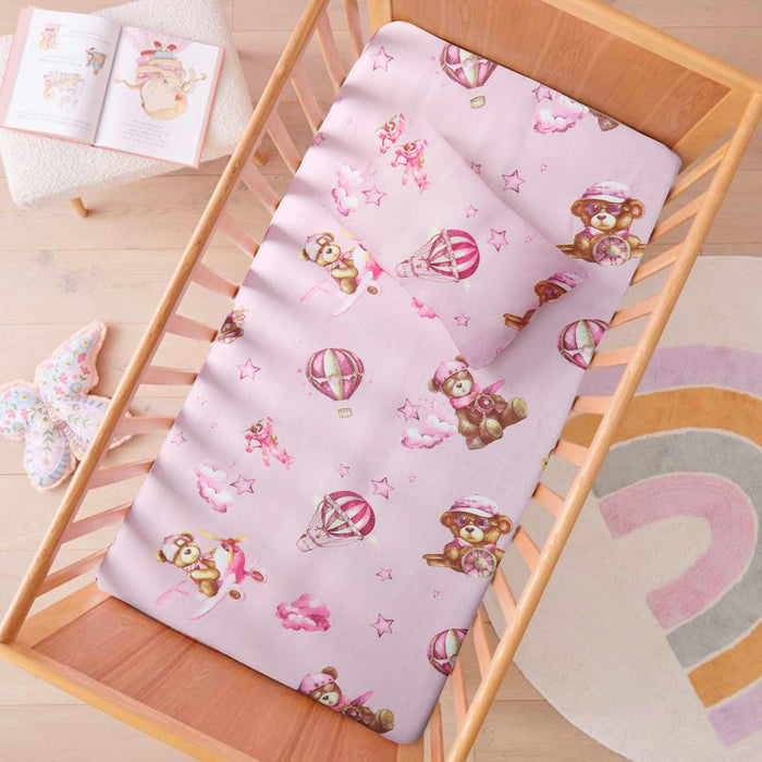 Pink Teddy Sky Adventure Crib Bedsheet & Pillow