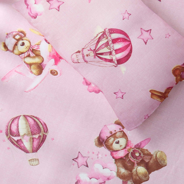 Pink Teddy Sky Adventure Crib Bedsheet & Pillow