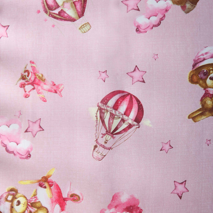 Pink Teddy Sky Adventure Crib Bedsheet & Pillow