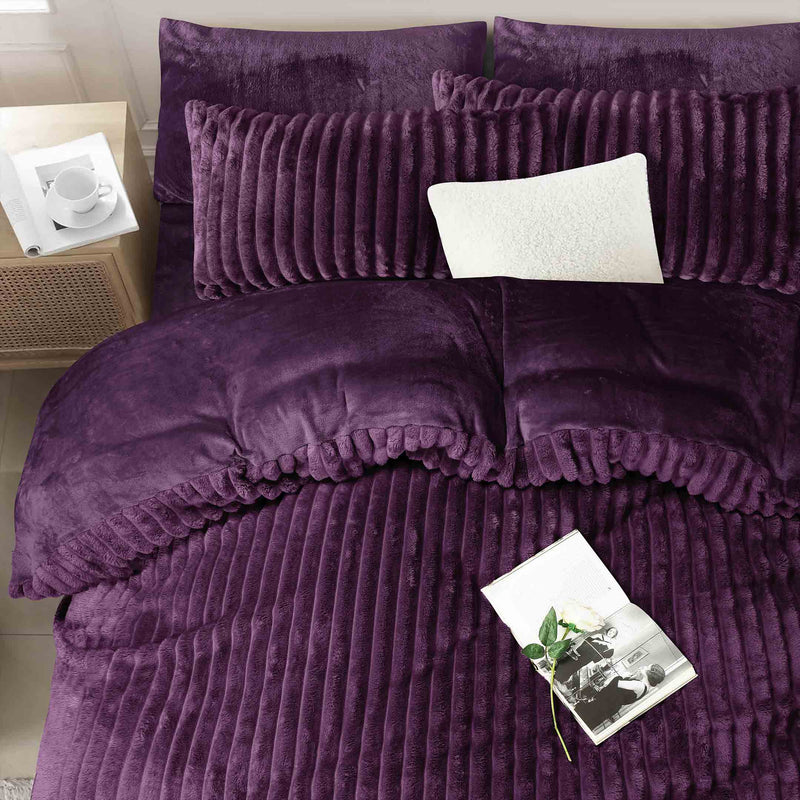 Jacquard Stripe Flannel Fleece 6pc Razaye Set-Plum