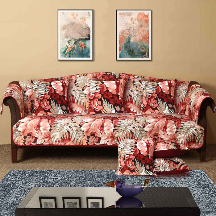 peachy monstera quilted sofa cover set